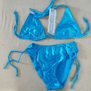 Aqua Blue Satin like Bikini Triangle top M 2 piece